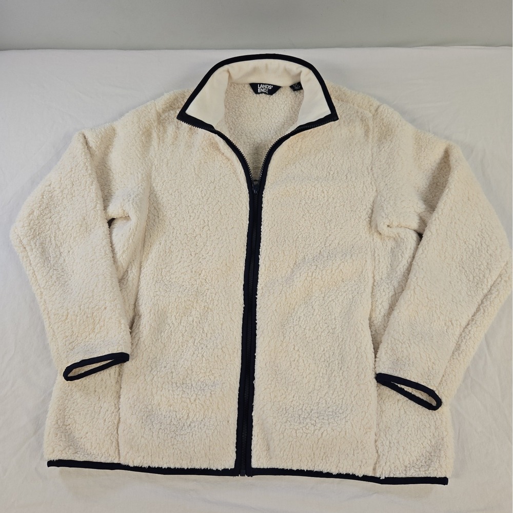 Lands End Womens Sherpa Jacket Size Large Ivory With Black Trim Zip Pockets